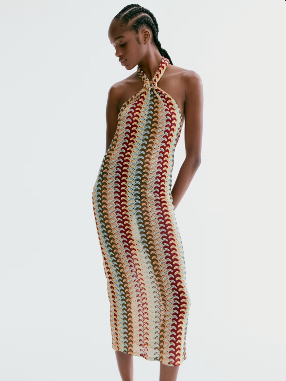 H&M One-Shoulder Multicolor Knit Midi Dress